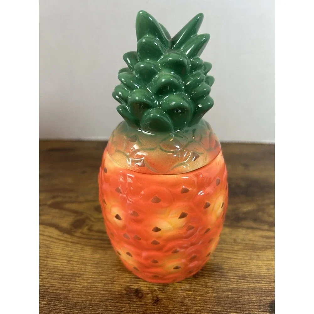 Vintage Ceramic Pineapple Sugar Bowl Jam Pot Canister w Lid Spoon Slot Decor